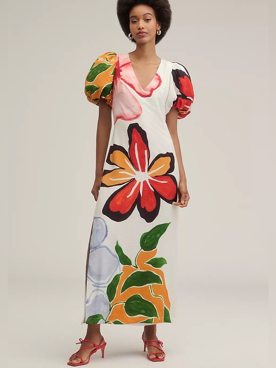 Anthropologie Dresses & Skirts - NWT Anthropologie Puff Sleeve Maxi Dress Floral Hibiscus Bloom Art Painting XS